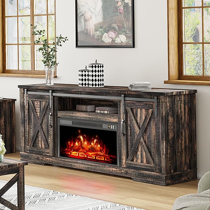 AMERLIFE Fireplace TV Stand with Sliding Barn Door for TVs up to 73", Farmhouse 63" Fireplace Entertainment Center with Storage Cabinets/Adjustable Shelves, Dark Rustic Oak
