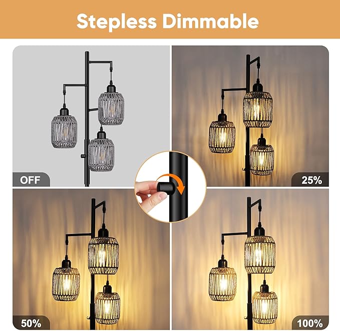 ROTTOGOON Dimmable Boho Floor Lamp - 3 Light Farmhouse Rattan Floor Lamp for Living Room, Industrial Tree Floor Lamps with 3 X 6W LED Bulbs, Rustic Standing Tall Lamp for Bedroom, 68", Black + Gray