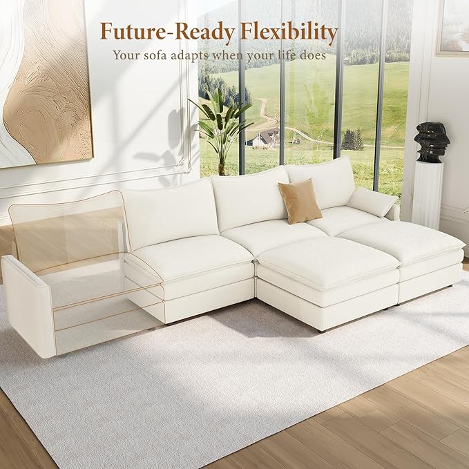 Vesgantti 108" U Shaped Sectional Couch, Comfy Cloud Modular Sectional Sofa with 2 Ottoman Deep Seat Chenille Modern Cloud Sofa, Modular Sofas for Living Room, Bedroom and Apartment, Snow White