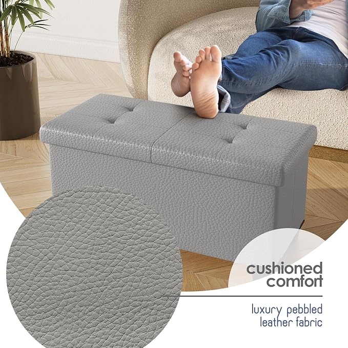 STORAGEBUD Storage Ottoman Bench with Bins, 30-in Storage Bench for Bedroom End of Bed, Folding Foot Rest Ottoman for Living Room Max 660lbs, Faux Leather Ottomans, Light Grey
