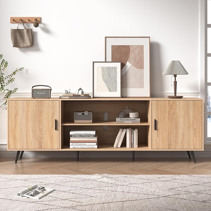 AUXSOUL 80 Inch Mid Century Modern TV Stand for 75 Inch TV, Wood TV Stand with Storage, Entertainment Center for Living Room Bedroom, TV Media Console, Oak