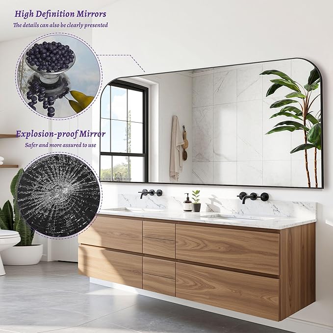 Bathroom Mirror, Wall Mirrors, Black Metal Framed Wall-Mounted Mirrors, Bathroom Vanity Mirror for Over Sink, Living Room, Bedroom, Entryway, 72x32 Inch, Black