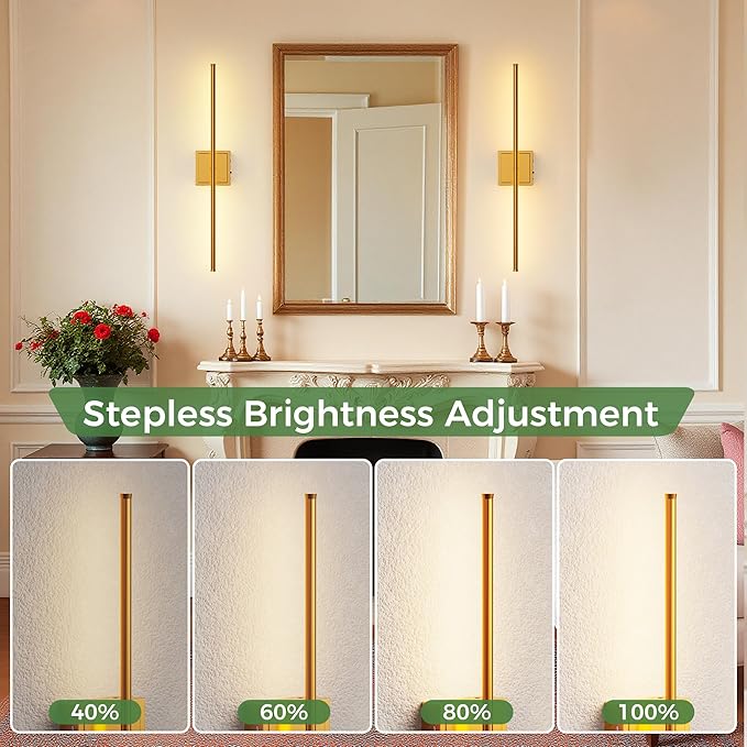 DORESshop Battery Operated Wall Sconces Set of Two with Remote Control, Rechargeable Wall Sconce, 350°Rotate Dimmable Wireless Wall Sconce for Living Room, Hallway, Bedroom, 28.1 Inch, Brass(2 Pack)