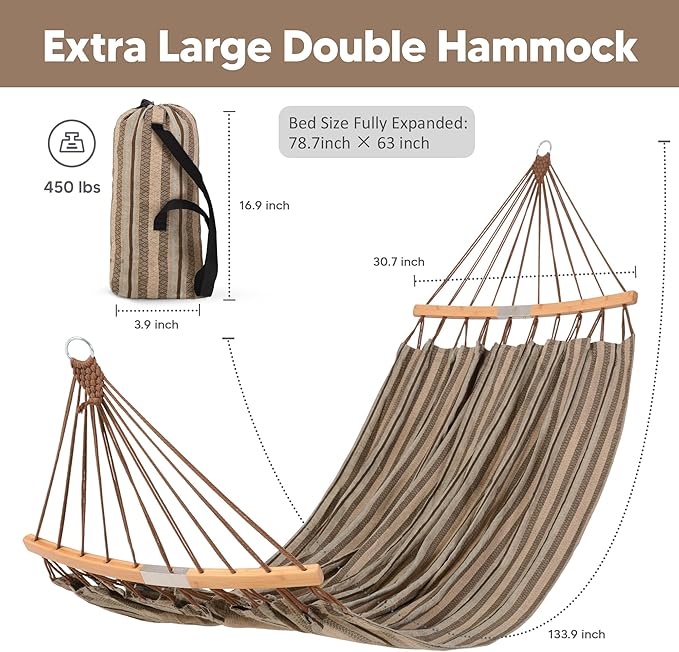 SUNCREAT Hammocks Double Hammock with Curved Spreader Bar, Outdoor Camping Portable Hammock with Carrying Bag & Tree Straps for Patio, Backyard, Balcony, Max 450lbs Capacity, Brown