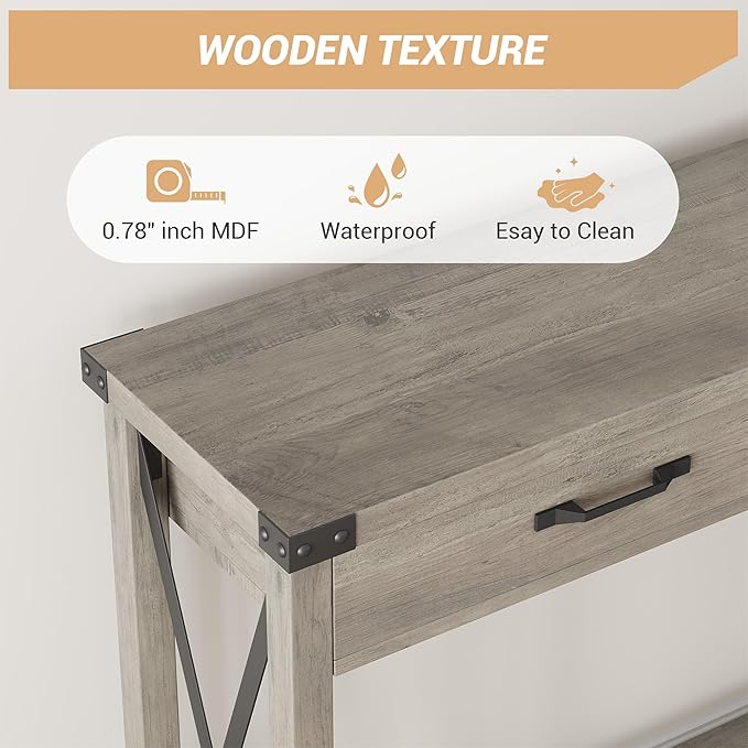 43” Entryway Table with Drawers, Narrow Console Sofa Table with Storage & Shelves, Farmhouse Entryway Console Table for Hallway, Living Room - Grey