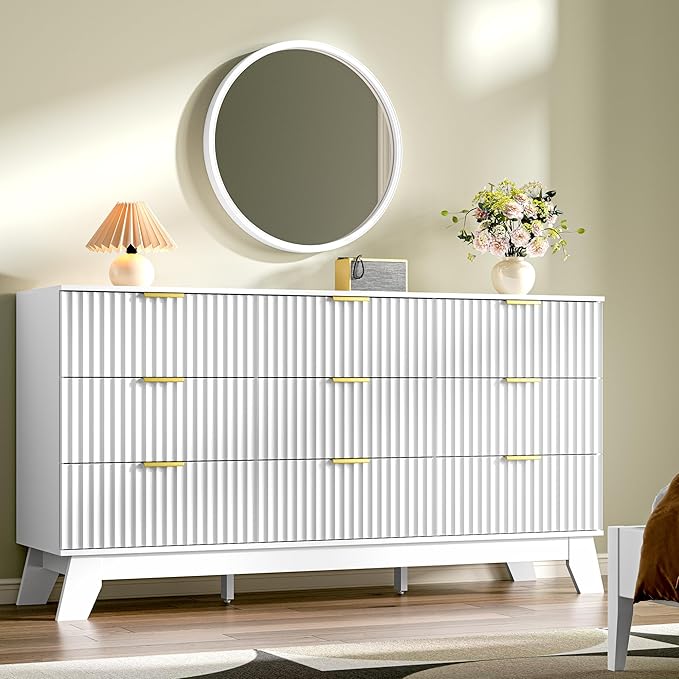 Fluted Dresser for Bedroom with 9 Drawers, 57" White Dressers & Chest of Drawers, Mid Century Modern Dressers TV Stand, Boho Wood Dresser for Closet Wide Storage Organizer for Living Room, Hallway