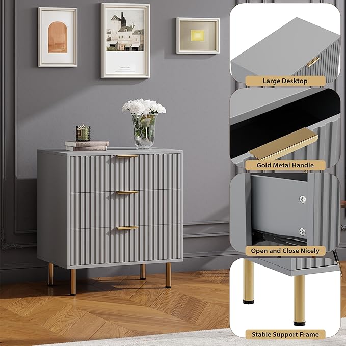 3 Drawer Dresser for Bedroom, Fluted Modern Nightstand with Deep Drawers, Chest of Drawers with Wide Top, Wooden Dresser Organizer, Side Table for Living Room, Hallway, Kids Room, Grey
