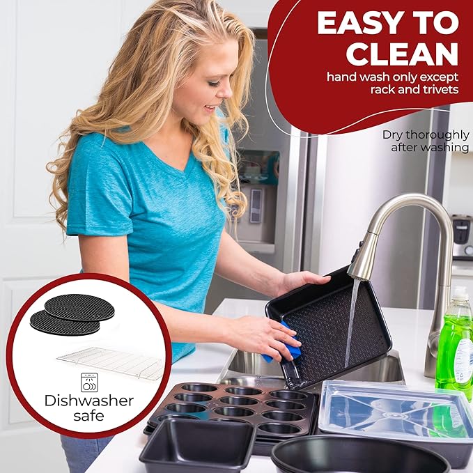 KITCHENATICS 12 PC Carbon Steel Baking Pans Set Nonstick, Kitchen Essentials for New Home, Nonstick Bakeware Sets with Cake and Muffin Tins, Non Stick Bread and Oven Pan - Black Stackable Bakeware Set