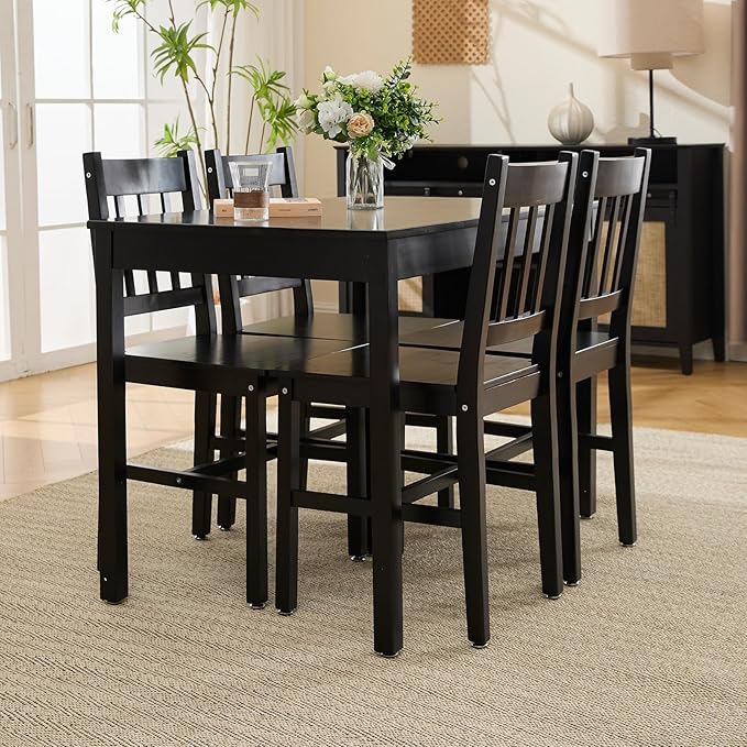 Dining Table Set for 4, 5 - Piece Kitchen Table Set 42.5 Inch Rectangular Dining Table with Chairs Solid Wood Dining Set for Kitchen/Dining Room,Home, Small Space, Apartment, Black