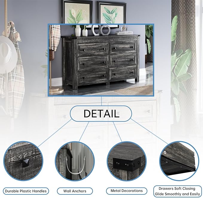 Grey Dresser for Bedroom with 6 Drawers, Farmhouse Wood Dressers Bedroom Furniture 6 Chest of Drawers, Rustic Wide Storage Drawers Dressers Organizer for Closet, Living Room, Hallway