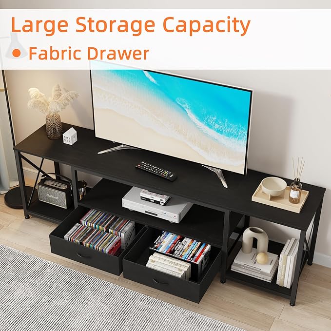 TV Stand with Fabric Drawers for 75 80 Inches TV - Entertainment Center and Industrial TV Console Table with Open Storage Shelves for Living Room, Bedroom- 71.5" Black