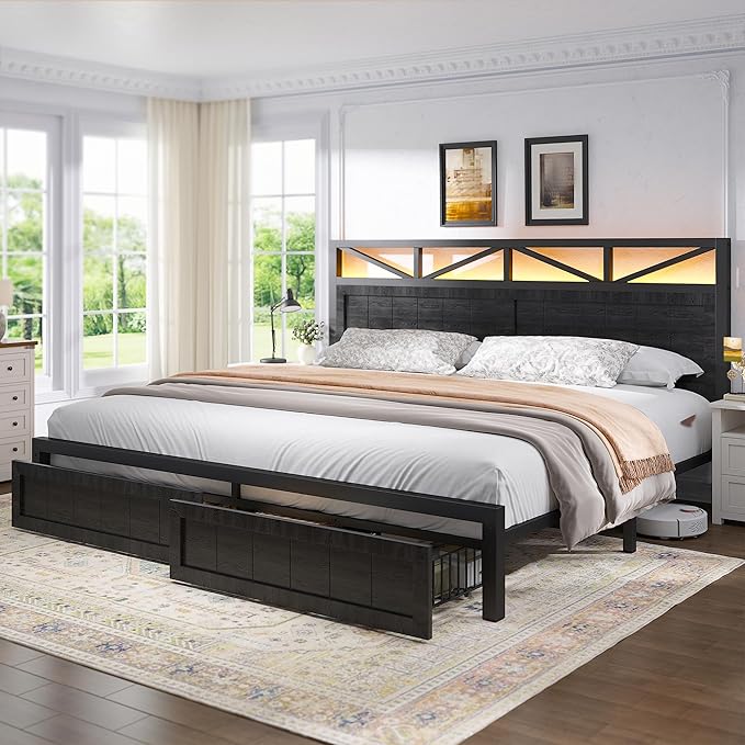 EnHomee Queen Size Bed Frame with 2 Storage Drawers and Headboard Built in Charging Station & LED Light,NO Noise,No Box Spring Needed,Black