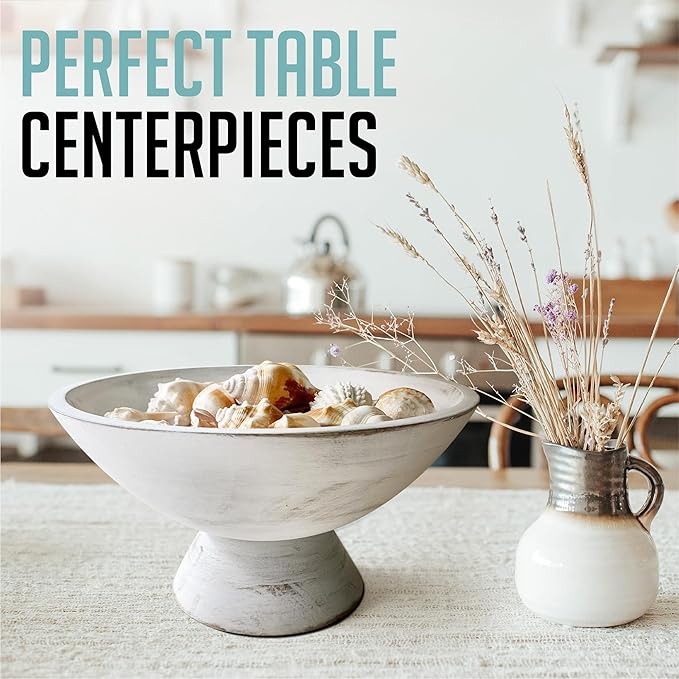 Whitewash Pedestal Bowl - 10 Inch, Wide Whitewash Footed Bowl as Fruit, Key, Decorative, Candy Holder or Centerpiece, Wooden Bowl Decorative for Kitchen, Dining Table & Home Accessories