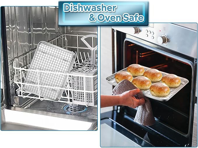 TeamFar Baking Tray with Rack, 12.5 x 10 x 1 Inch Stainless Steel Toaster Oven Baking Pan with Grid Rack for Baking Roasting Cooling, Healthy & Heavy-Duty, Oven & Dishwasher Safe, 2pcs