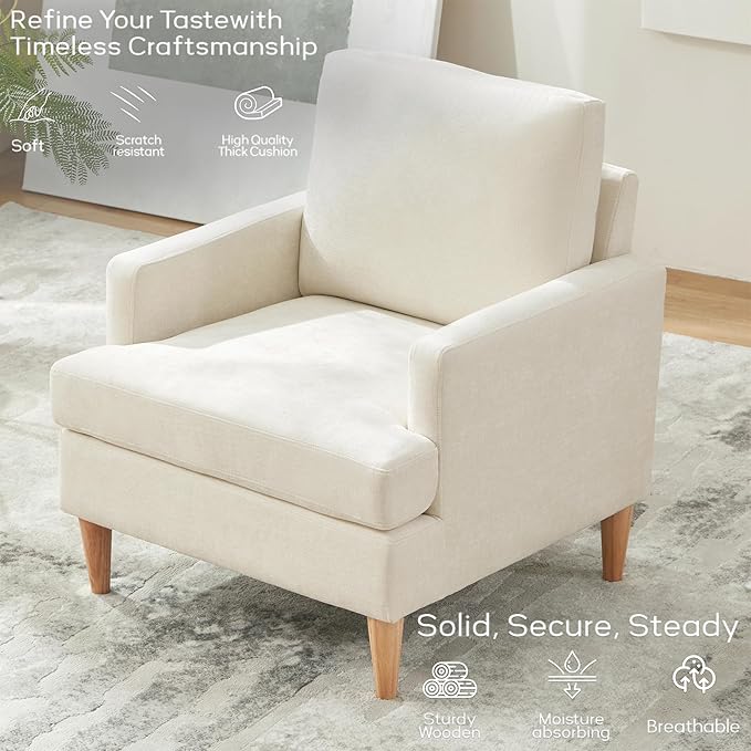 VKNOW Mid-Century Accent Chairs Set of 2, Modern Upholstered Chenille Armchair for Living Room, Comfy Reading Accent Chairs with Wood Legs for Bedroom, Beige