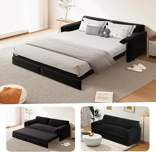 66-Inch Queen Size Convertible Sleeper Sofa Bed, 3-in-1 Pull-Out Futon Loveseat, Velvet Love Seat Couch with Side Pocket for Living Room, Office, Apartment, RV, Hide-A-Bed Fold Out Sofa&Couch