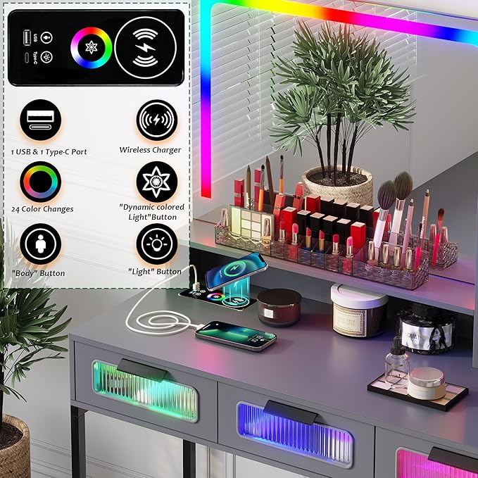 HNEBC RGB Vanity Desk with Mirror and Lights, LED Vanity Makeup Desk with USB/Wireless Charger Station, Vanities Dressing Table Sets with 6 Drawers/Cabins/Stool/Shelves for Bedroom&Cloakroom,Grey