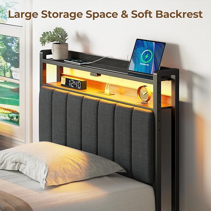 Rolanstar Headboard for Twin Size Bed with Storage, 60,000 DIY Color of LED Light, Head Board with USB & Type C Port, Height Adjustable, Black Upholstered Cabeceras de Cama Comfortable Modern, Linen