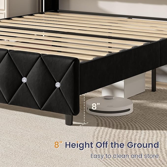 HOMBCK King Size Bed Frame Black, Velvet Upholstered Bed Frame King with Diamonds Tufted Headboard and Footboard, Wooden Slats Support, No Box Spring Needed, Easy Assembly, Black