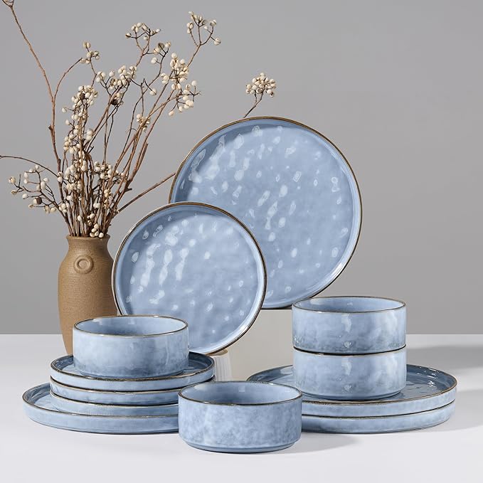 HaWare Dinnerware Sets, 12-Piece Plates and Bowls Set, Stoneware Dish Set for 4, Ceramic Dinnerware for Home Restaurant, Chip and Scratch Resistant, Microwave and Dishwasher Safe, Reactive Blue