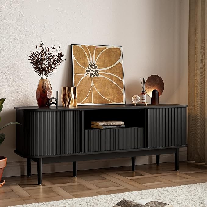 63" Black TV Stand, Fluted Entertainment Center for TVs up to 70'', Modern TV Stand with Storage, Entertainment Center with Sliding Doors, Wood Media Console for Bedroom, Living Room