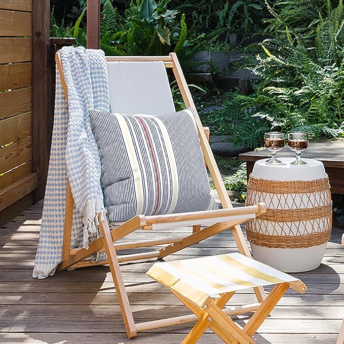 Outdoor Pillows for Patio Furniture 18x18 inch, Square Outdoor Throw Pillows with Inserts, Decorative Toss Pillows for Garden Couch Home Sofa Office Chair, Pack of 2, Stripe Denim Blue