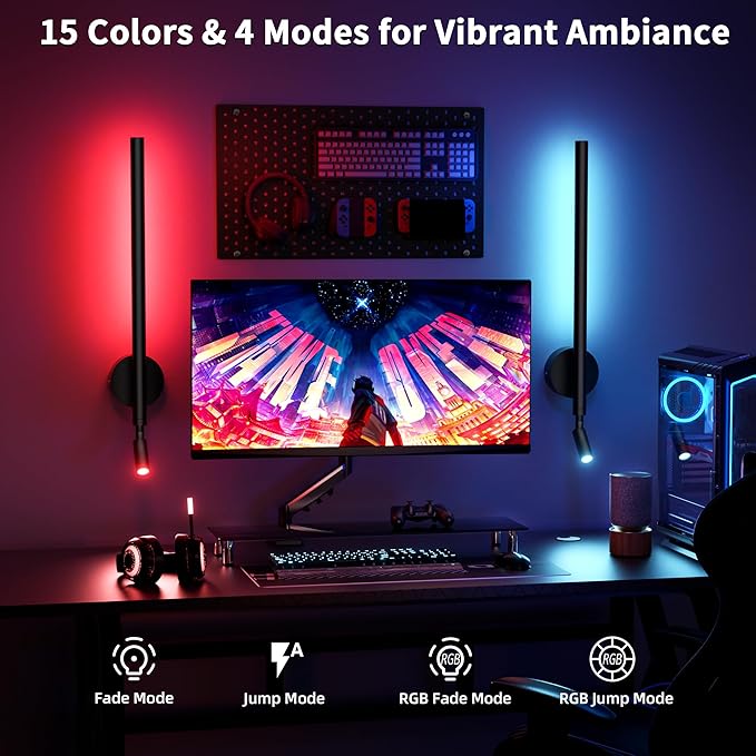 Battery Operated Wall Sconces with Reading Spotlight: RGB Rechargeable LED Wireless Wall Light with Remote Indoor Modern Decor for Living Room Bedroom Bathroom Lighting Black