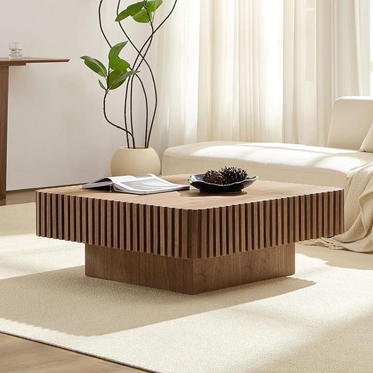 Square Coffee Table for Living Room, Accent Fluted Coffee Table with Storage, Modern Solid Wood Veneered Large Center Tea Table for Small Space Apartment (35.4''D×16''H-Walnut)