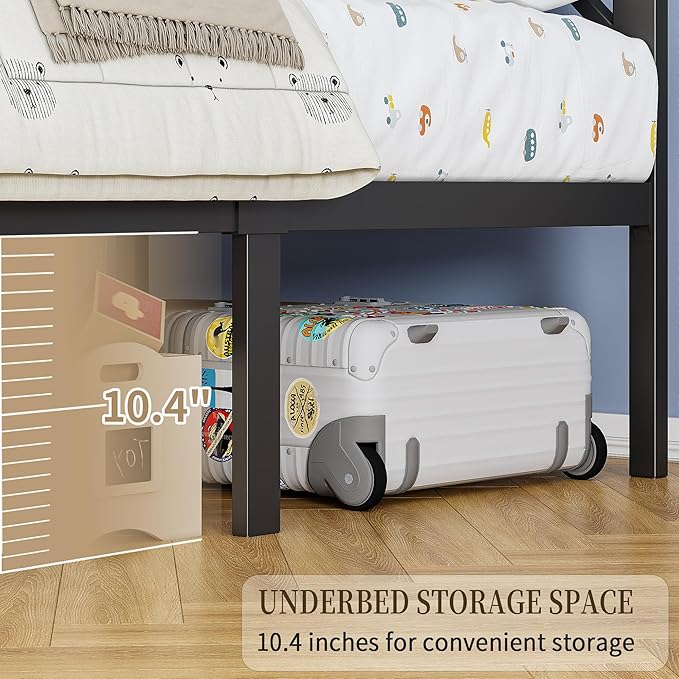 Twin Size Black Metal Bed Frame with USB Charging Station, LED Ambient Lighting, and Wooden Storage Headboard - Includes Under-Bed Storage, No Box Spring Needed, Noise Free, Easy Assembly