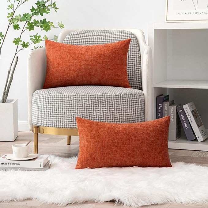 MIULEE Fall Pack of 2 Rust Throw Pillow Covers 12x20 Inch Soft Chenille Pillow Covers for Sofa Living Room Couch Solid Dyed Cases