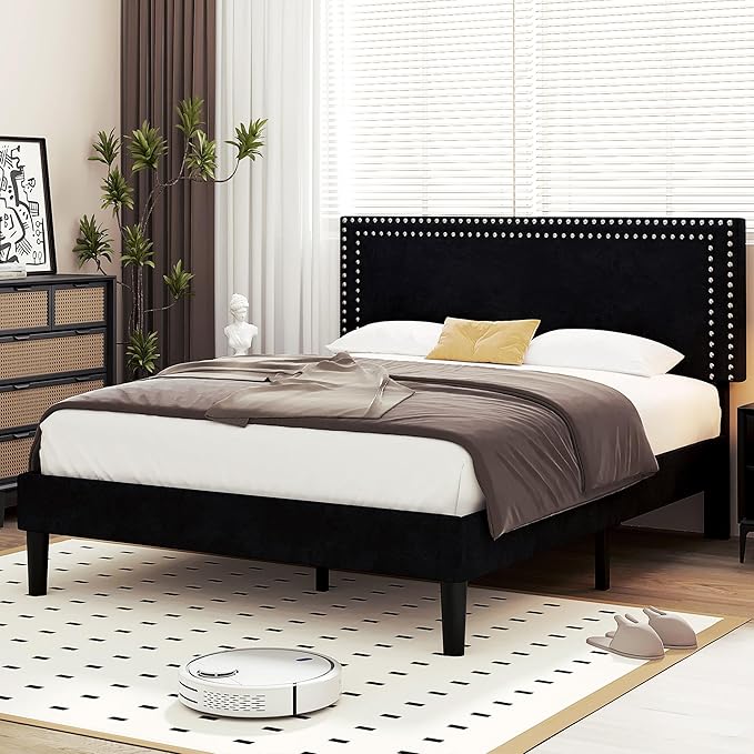 VECELO Queen Size Bed Frame with Adjustable Upholstered Headboard, Wooden Slats Platform, Noise-Free Design, Easy Assembly