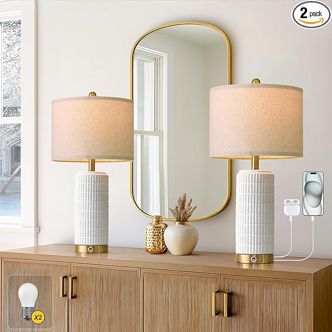 PoKat Touch Bedside Table Lamps with USB Ports for Bedroom, 25'' Dimmable Nightstand Touch Lamps for Night Stands, White Ceramic Lamps with Gold Base for Living Room End Side Table, Frosted White