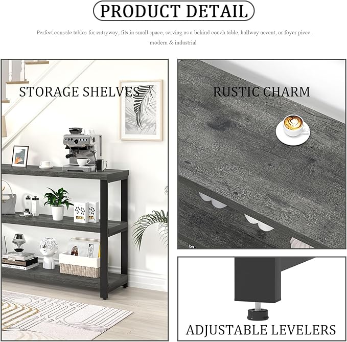 EXCEFUR Rustic Console Tables for Entryway, Sofa Table with 3 Tier Storage Shelves, Couch Table for Living Room Hallway, Industrial Grey