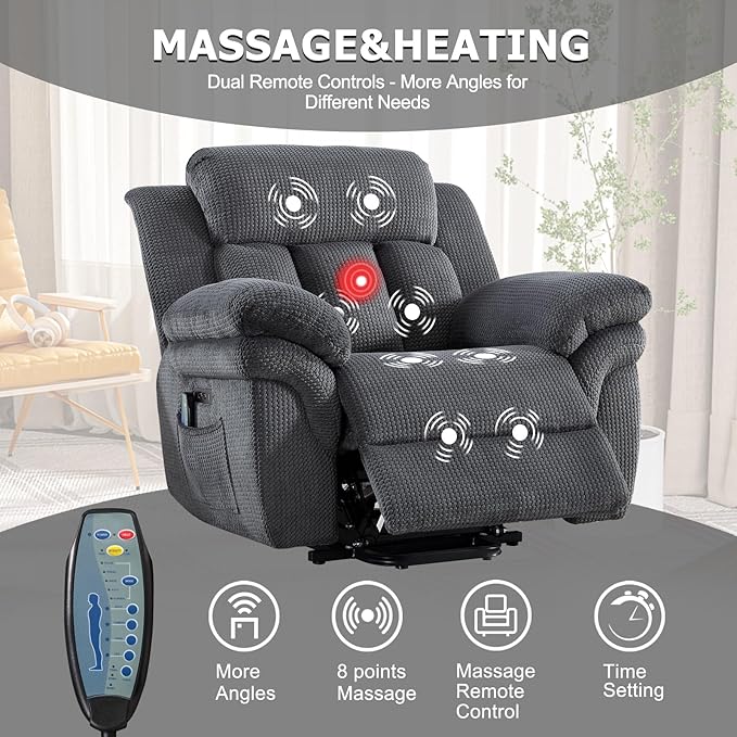 CANMOV 46" Wide Oversize Power Lift Recliner Chair, Extra Large Electric Lift Recliners for Elderly Big, Stand Up Recliner Chair with Massage and Heat, USB and Type-C Ports, Dark Grey