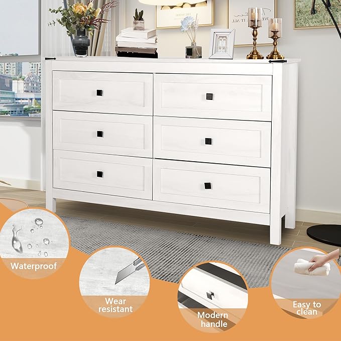 Farmhouse 6 Drawer Dresser for Bedroom, Wide Wood Dresser with Metal Handle for Bed Room, Hallway, Light Beige Rustic Oak