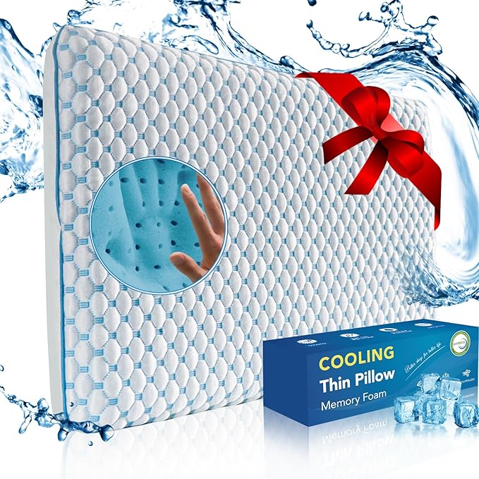 Thin Pillow for Sleeping, Cooling Gel Flat Pillow for Stomach and Back Sleepers, Ultra Slim Stomach Sleeping Pillows for Shoulder Neck Pain Relief, Low Profile Memory Foam Pillows 2.25-inches