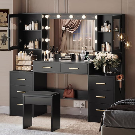 58.3" Black Vanity Desk with Mirror, Lights and Charging Station, 3 Lighting Modes Makeup Desk with 8 Drawers, 2 Cabinets and Lots Storage, Dressing Table Vanity Set for Girls