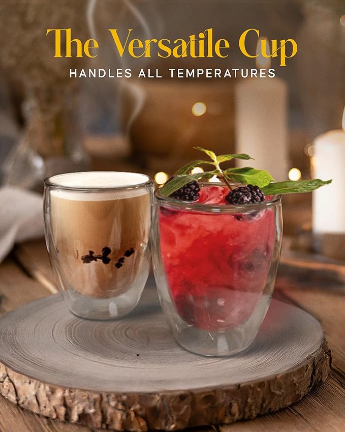 Kitchables Double Walled Glass Coffee Mugs Set of 2,12oz - Insulated Clear Coffee Mug for Cappuccino, Latte, Tea, Espresso - Latte cup - Tazas Para Cafe