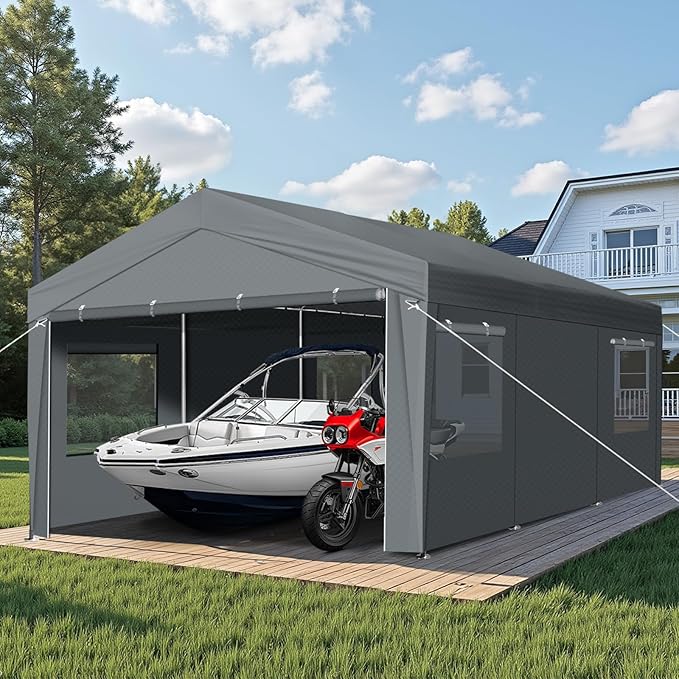VINGLI 10x20 Carport Canopy Portable Garage with Roll-up Windows & Removable Sidewalls, Car Canopy Heavy Duty Car Port Tent for SUV, Boats, RVs, Trucks