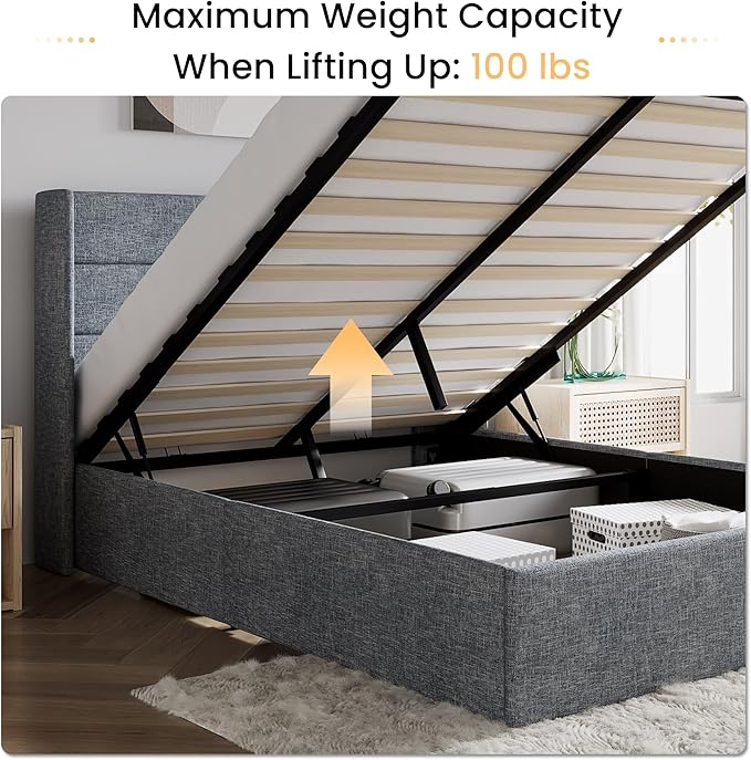 SHA CERLIN Full Size Lift Up Storage Bed/Modern Wingback Headboard/Upholstered Platform Bed Frame/Hydraulic Storage/No Box Spring Needed/Wood Slats Support/Grey Blue