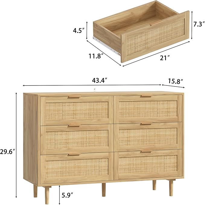 Furnideco 6 Drawer Rattan Dresser for Bedroom Wood Dresser for Closet with Solid-Wood Legs Boho Chest of Drawers Beside Table for Bedroom, Living Room, Natural