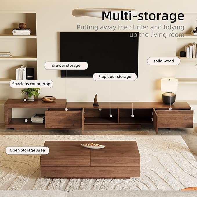 Mid-Century Modern Extendable 78.5"-105" TV Stand for TVs up to 70"-100",Entertainment Centers with 2 Drawers and 2 Storage Units, for Living Room,Bedroom,Walnut