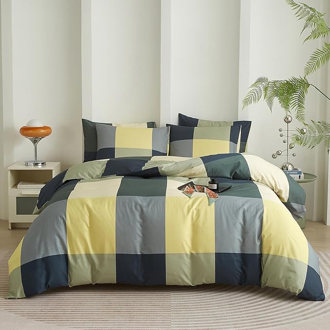 mixinni Queen Comforter Set Men Boys Geometric Checkered Plaid Printed Bedding Comforter for All Season Soft Lightweight Bedding Set-(Queen Size, Green,Yellow,Khaki)