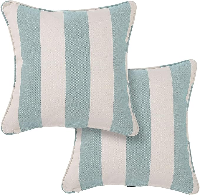 Outdoor Throw Pillow Covers 18x18 Inch, Set of 2, Cover Only! Waterproof Fade Resistant Decorative Cushion Sham Pillow Cases for Patio Furniture Chair Couch Sofa - Teal Ivory Striped