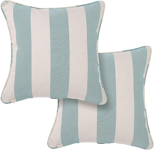 Outdoor Throw Pillow Covers 18x18 Inch, Set of 2, Cover Only! Waterproof Fade Resistant Decorative Cushion Sham Pillow Cases for Patio Furniture Chair Couch Sofa - Teal Ivory Striped