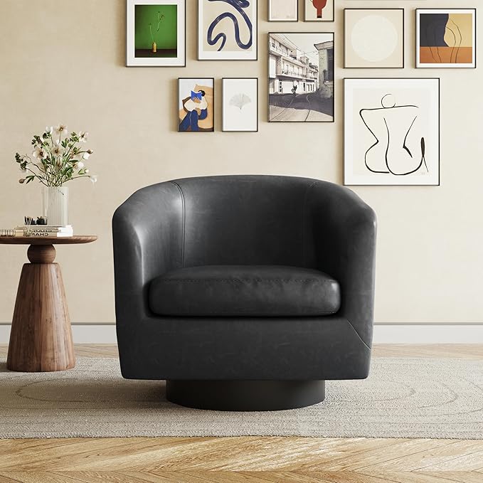 UIXE 360° Swivel Barrel Accent Chair Armchair, PU Leather Round Club Arm Chair for Lving Room, Modern Upholstered Small Bedroom Single Sofa Seat - Black, Set of 2
