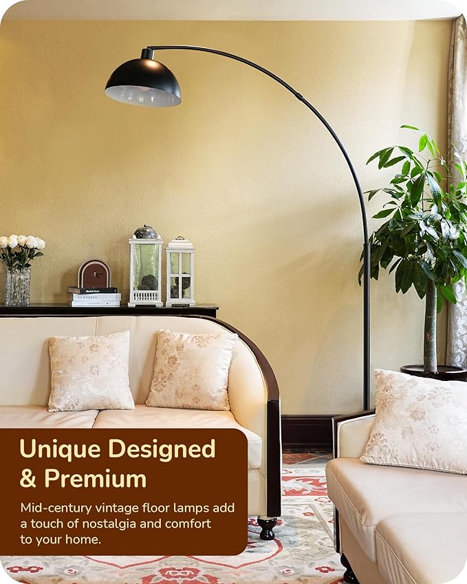 EDISHINE Modern Arc Floor Lamp, 78.3" Mid Century Reading Lamps Over Chair with Remote & Foot Switch, Rotatable Lamp Head, Metal Floor Lamp for Bedroom, Office, Living Room, Dining Room, Black