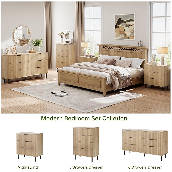 GarveeHome Oak Fluted 5 Drawer Dresser for Bedroom, Modern Wood Chest of Drawers with Wide Drawers, Closet Dresser Organizer with Anti-Tipping Device and Metal Legs for Hallway Entryway