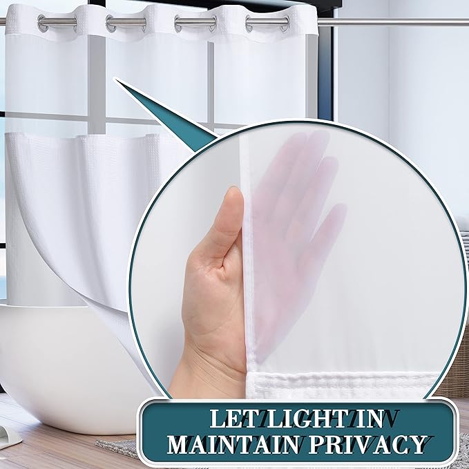 Extra Wide No Hook Waffle Weave Shower Curtain with Snap in Liner Set, 108" x 74" Hotel Luxury White Shower Curtains for Bathroom with See Through Top Window, Waterproof, Washable 108W x 74H