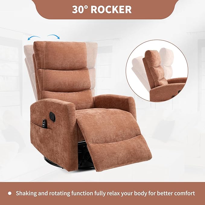 PELUMY Massage Recliner Chair with Heat - Manual Rocker Swivel Recliner, 360° Rotation & 155° Recline for Living Room（Linen Fabric, Orange）